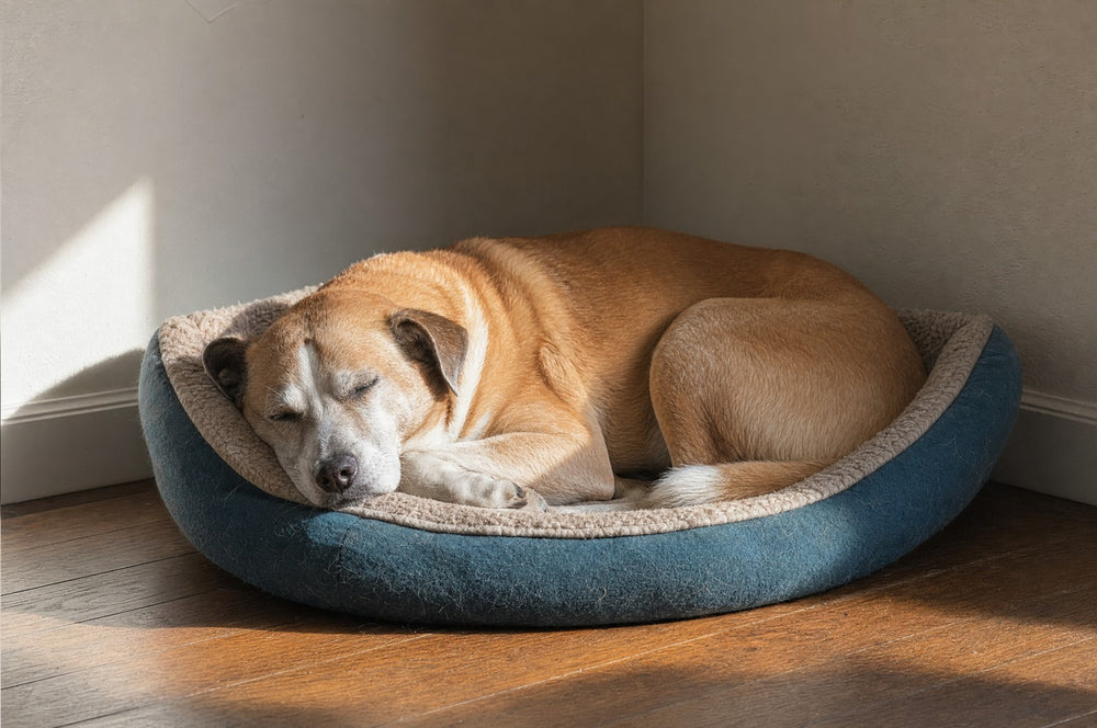 A senior dog curled up asleep in a dog bed in a patch of sun
