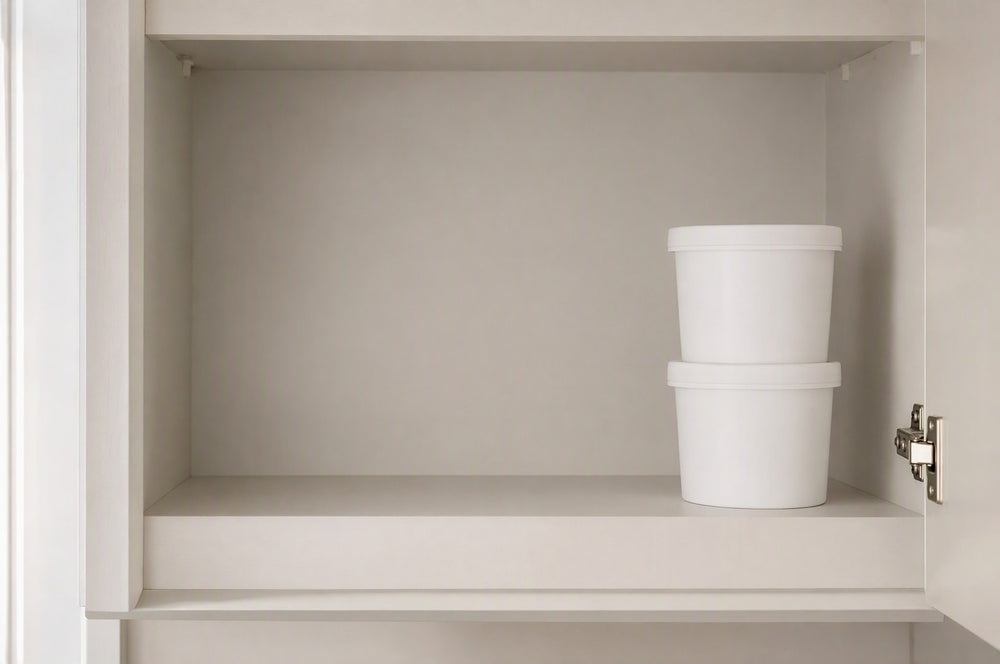 A nearly bare cupboard shelf holding just two plain white tubs