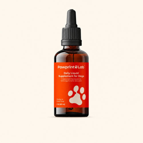 The Pawprint Lab dropper bottle on a plain cream background