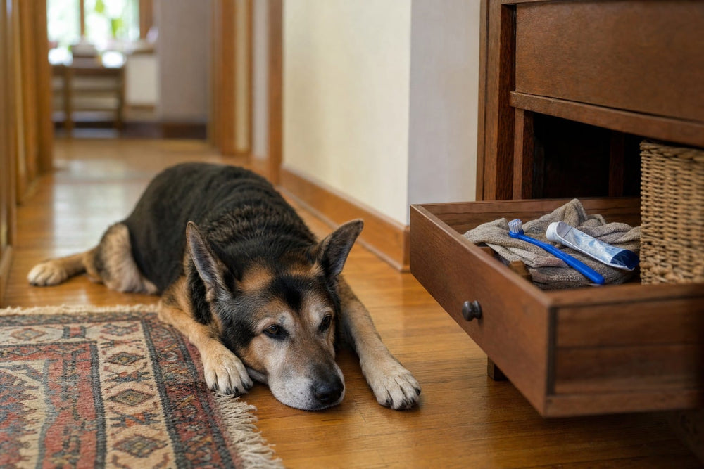 A senior dog lying on the hallway floor beside an open drawer holding an unused dog toothbrush and toothpaste