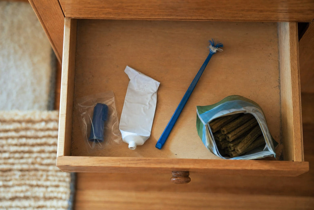 An open drawer seen from above holding a dog toothbrush, toothpaste, an unopened finger brush and a bag of dental chews