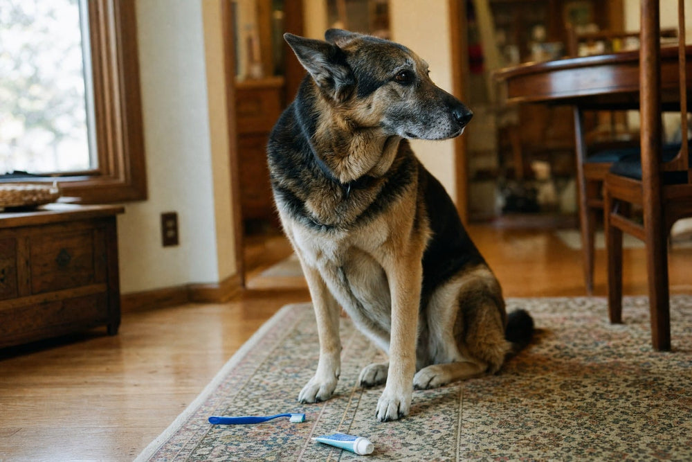 A senior dog sitting on a rug with his head turned away from a toothbrush and toothpaste on the floor