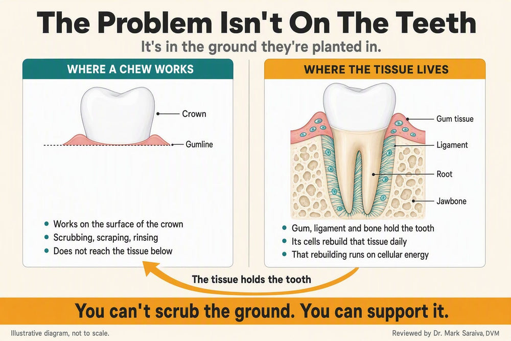 Diagram contrasting the surface of a tooth crown with the gum, ligament and bone tissue that holds the tooth
