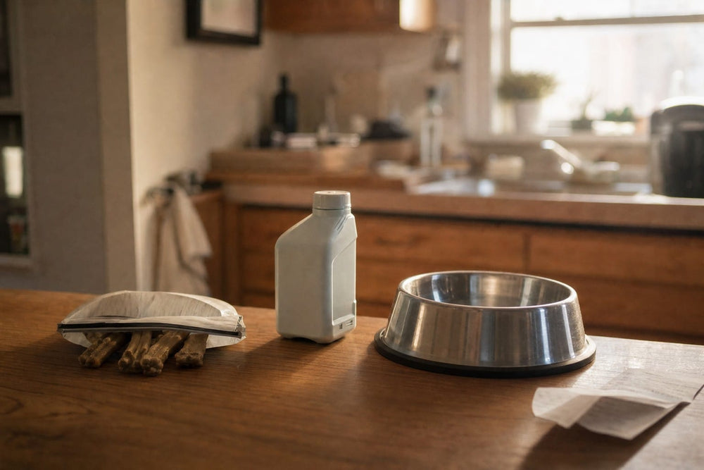 A kitchen counter with a bag of dental chews, a water additive bottle and a dog water bowl