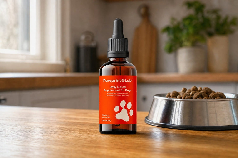The Pawprint Protocol dropper bottle standing closed on a kitchen counter beside a bowl of kibble