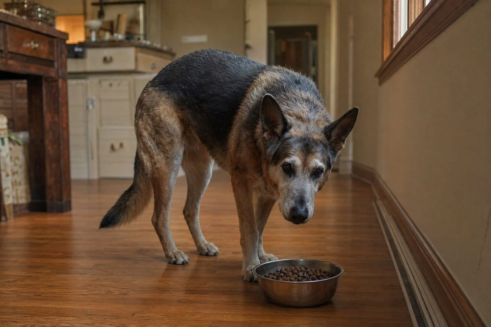 A senior dog eating from a stainless steel bowl of kibble on a kitchen floor