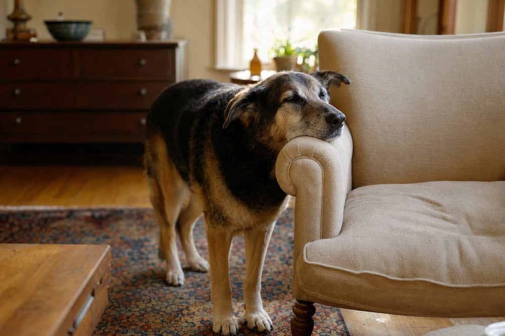 A senior dog resting his chin on the arm of an empty armchair