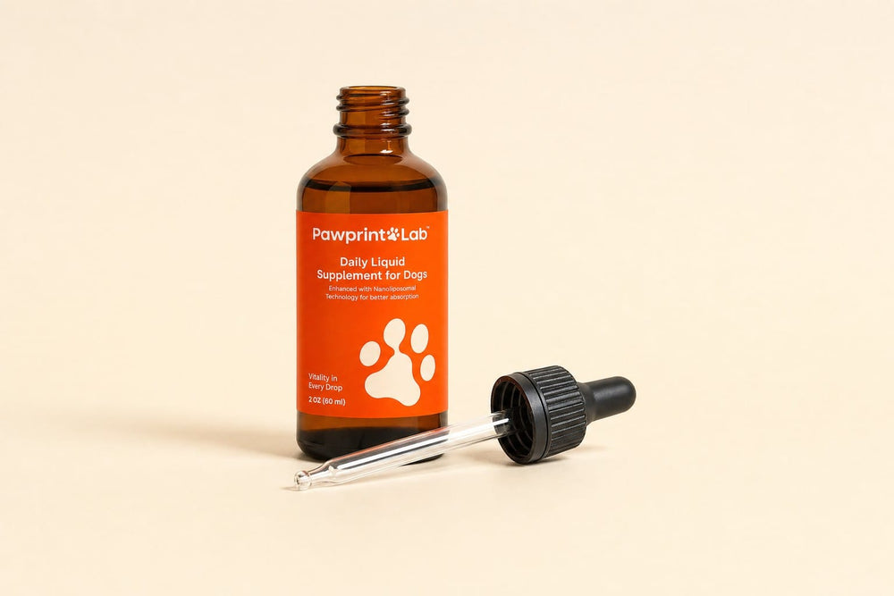 The Pawprint Protocol dropper bottle open on a cream surface with its cap and glass pipette resting beside it
