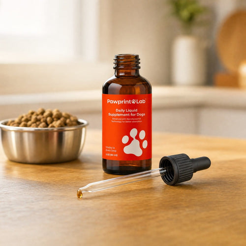 The open Pawprint Protocol bottle on a counter beside a bowl of kibble with a drop at the pipette tip