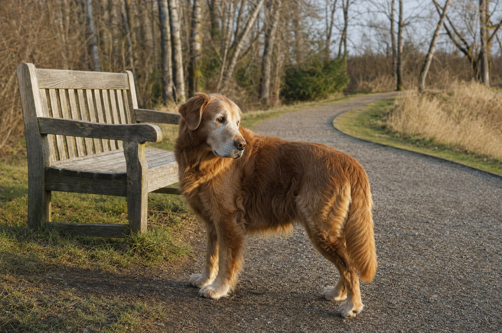 A senior dog beside an empty park bench at a bend in the path