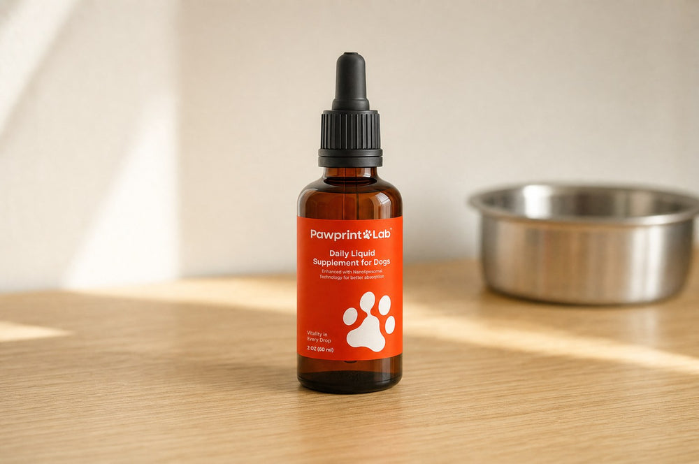 The Pawprint Lab bottle on a kitchen worktop beside a dog bowl