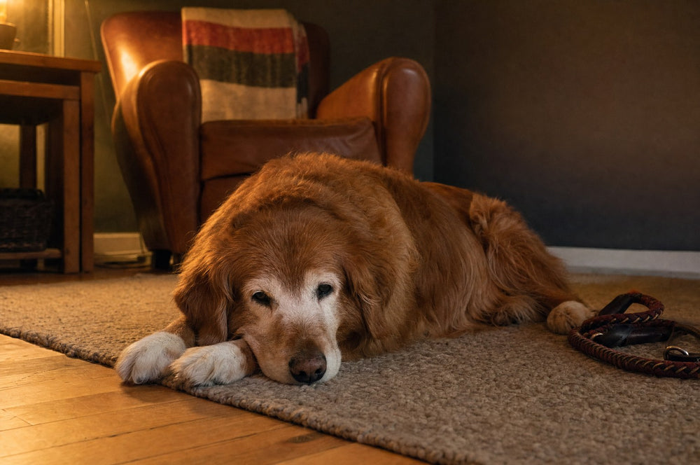 A senior dog resting on a wool rug after a walk