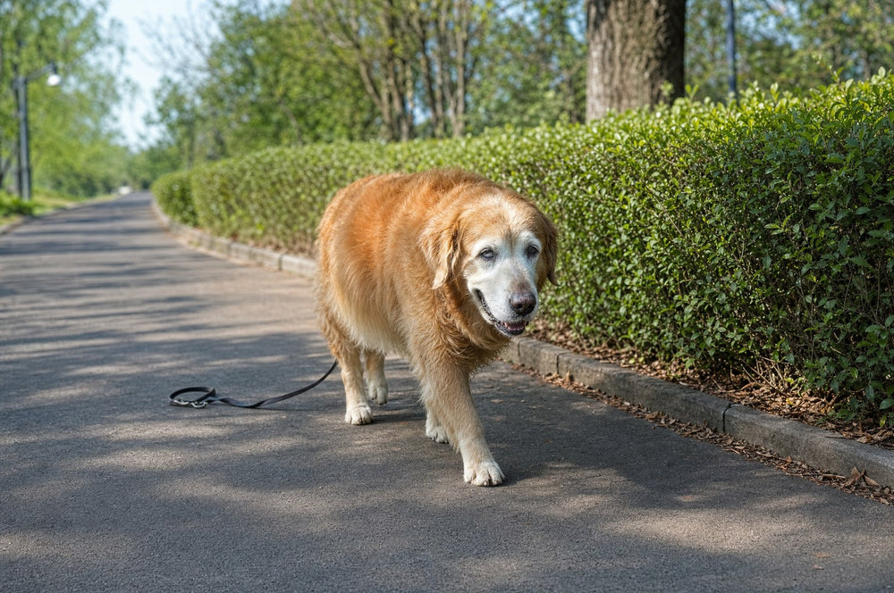A senior dog walking a flat park path beside a hedge