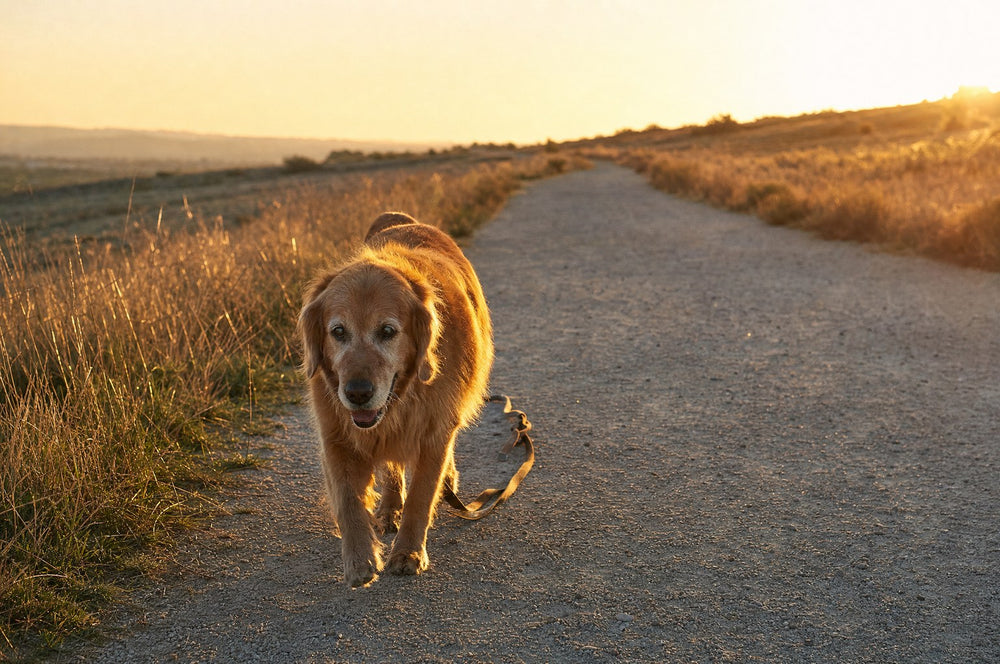 A senior dog trotting ahead along a long path at golden hour