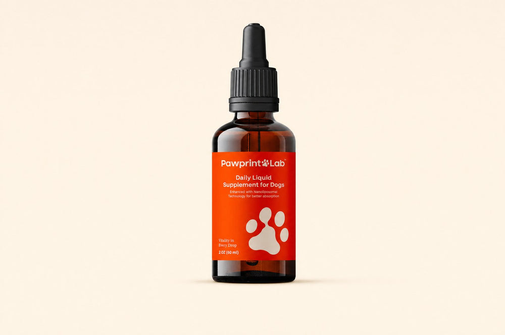A Pawprint Lab daily liquid supplement bottle on a plain cream background