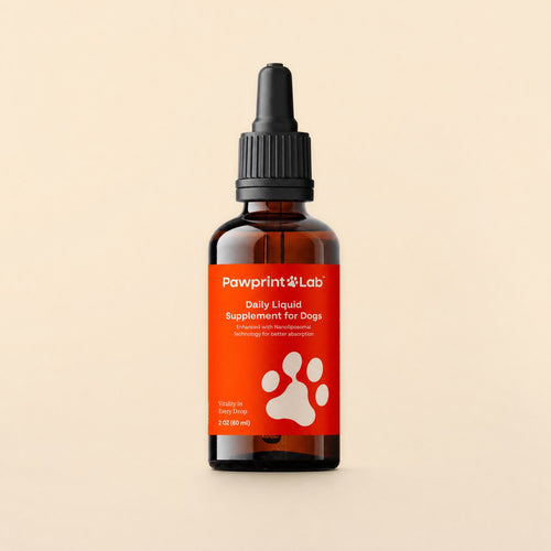 A Pawprint Lab daily liquid supplement bottle on a plain cream background