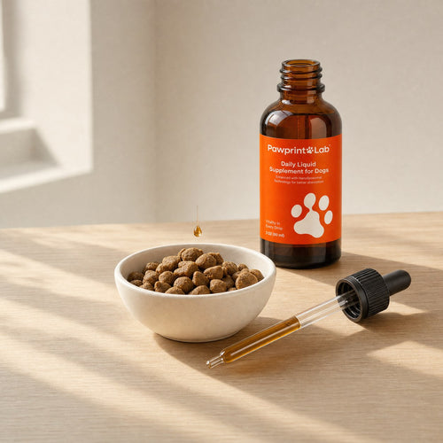 The open bottle with its dropper beside it and a drop falling toward a bowl of kibble