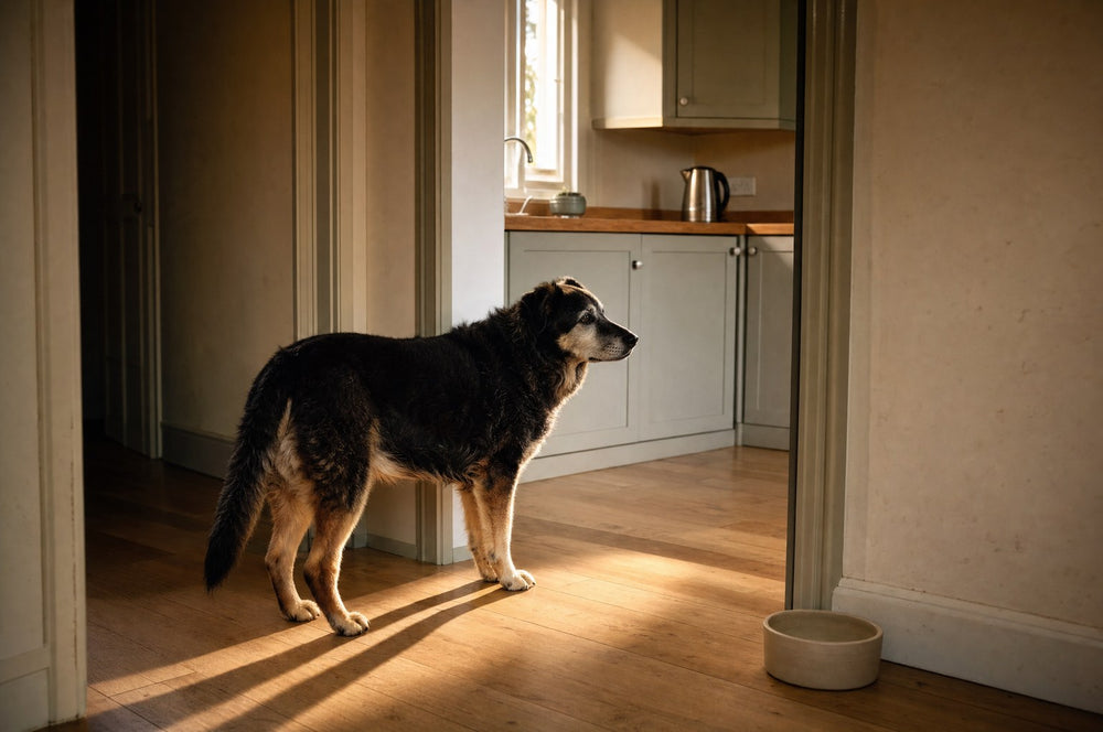A senior dog standing still in a kitchen doorway in early morning light