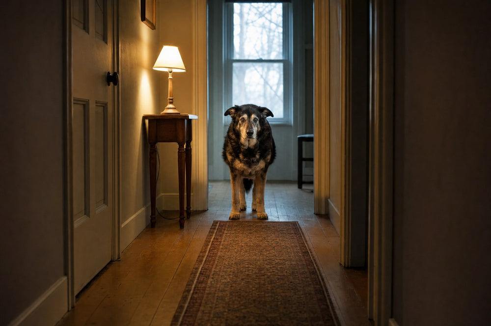 A senior dog at the end of a hallway with a small lamp still on