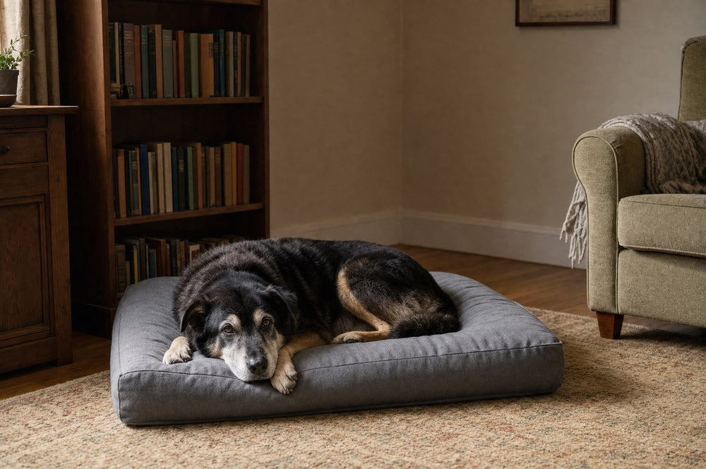 A dog bed pulled out from a corner into open floor with a senior dog lying in it