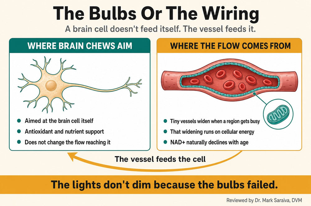 Diagram contrasting the brain cell with the tiny vessel that feeds it