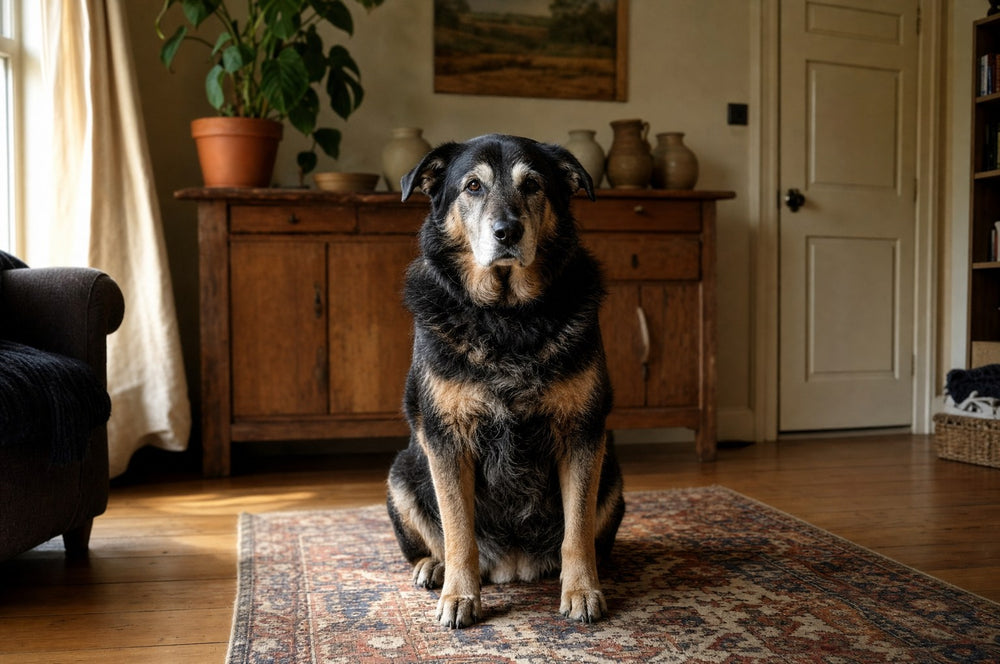 A senior dog sitting on a rug in a lived-in living room in morning light
