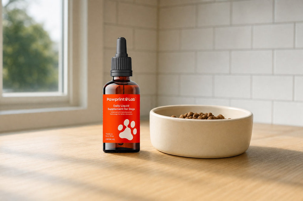 The Pawprint Lab bottle on a kitchen worktop beside a plain dog bowl at breakfast time