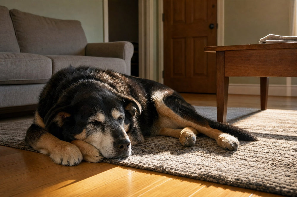 A senior dog resting on a wool rug in a sunlit quiet room