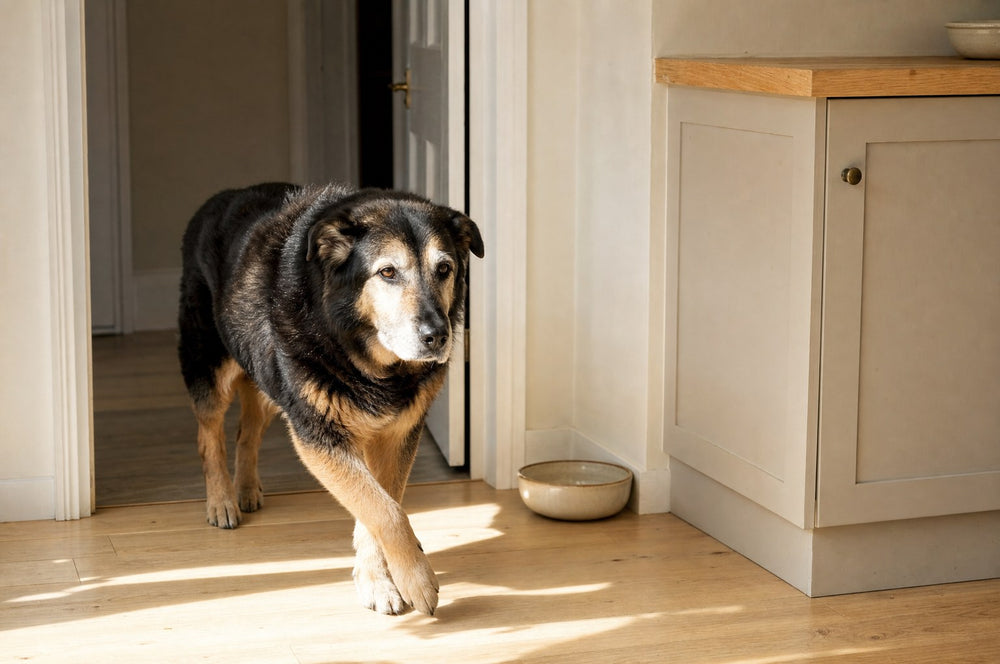 A senior dog stepping into a sunlit kitchen with purpose