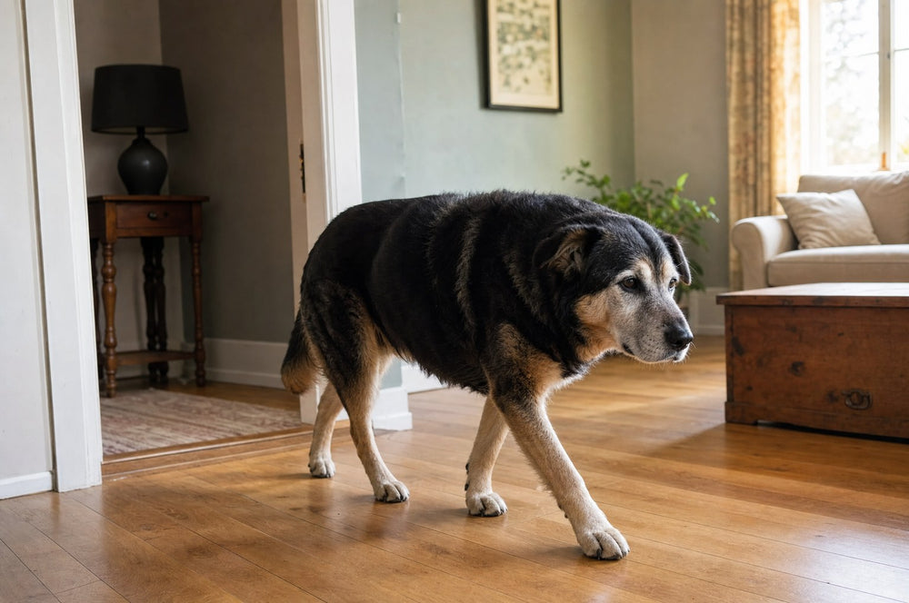 A senior dog walking through a hallway threshold, lamp off