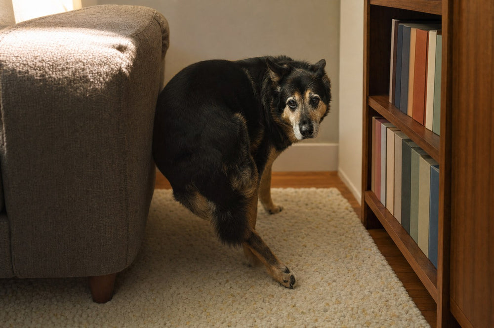 A senior dog turning around in a narrow gap between an armchair and a bookshelf