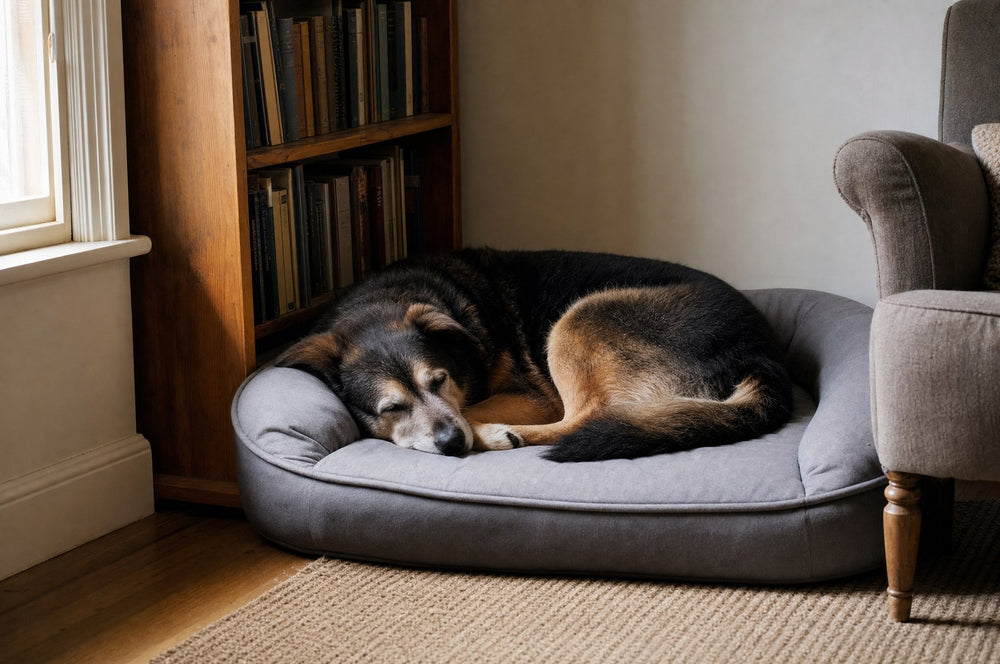 A senior dog asleep in his bed back in its original corner