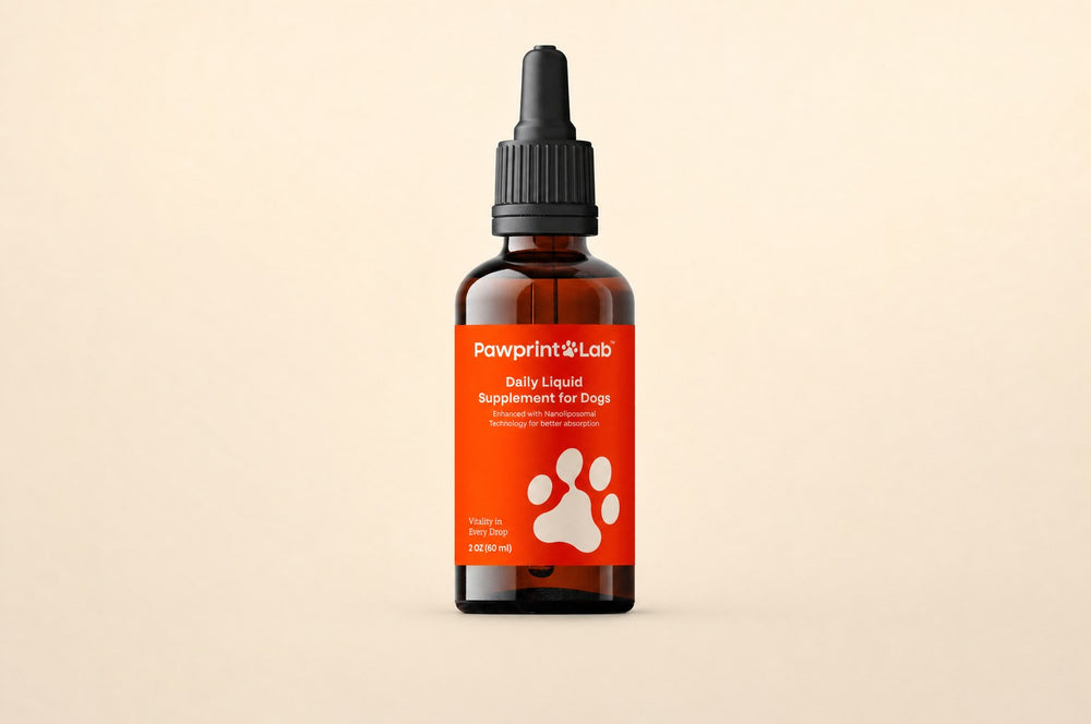 A Pawprint Lab daily liquid supplement bottle on a plain cream background