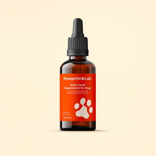 A Pawprint Lab daily liquid supplement bottle on a plain cream background
