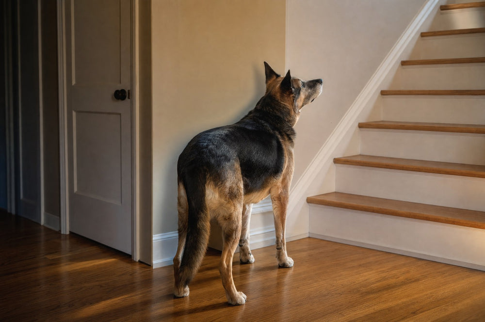 A senior dog stopped at the foot of a wooden staircase, looking up the flight