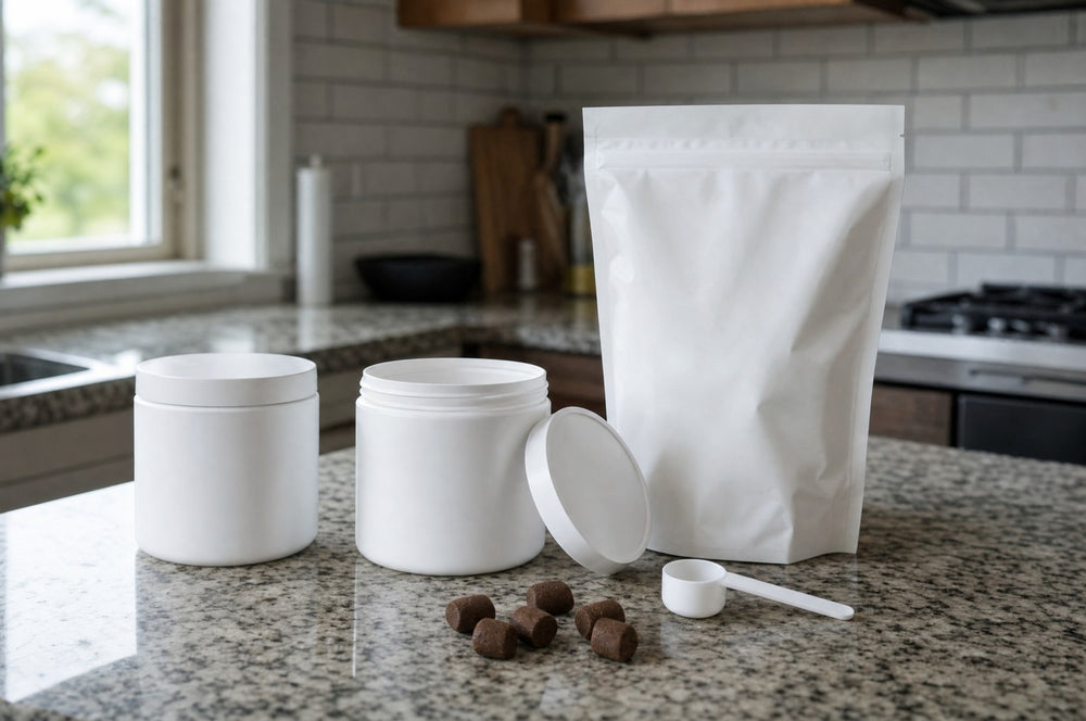 Plain unmarked supplement tubs, a pouch, a scoop and loose chews on a kitchen counter