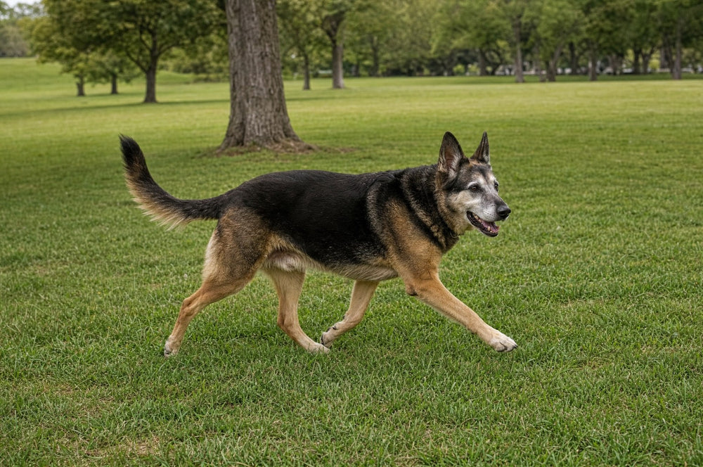 A senior dog trotting freely across open lawn, back legs driving