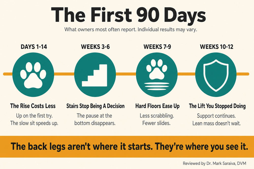 The first 90 days timeline: days 1 to 14 the rise costs less, weeks 3 to 6 stairs stop being a decision, weeks 7 to 9 hard floors ease up, weeks 10 to 12 the lift you stopped doing