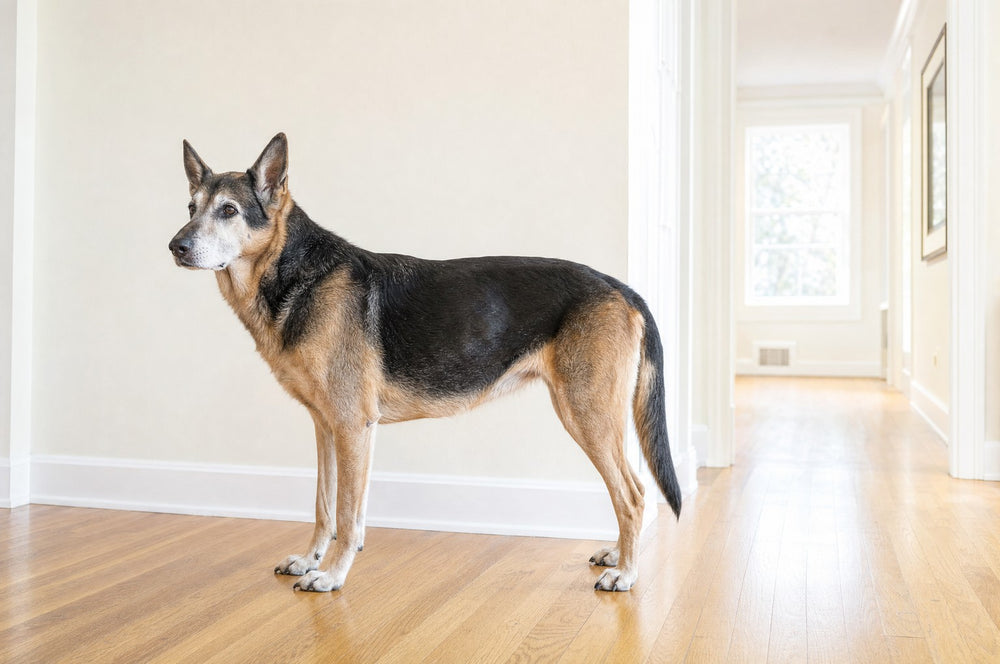 A senior dog standing squarely and evenly balanced in a sunlit hallway