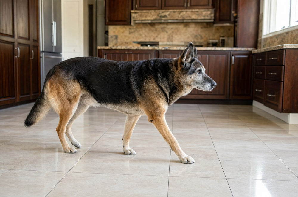 A senior dog walking confidently across a polished tile kitchen floor