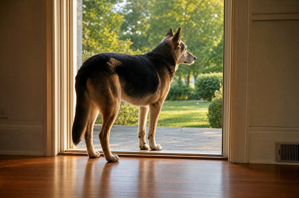A senior dog standing in an open back doorway looking out to a sunlit garden