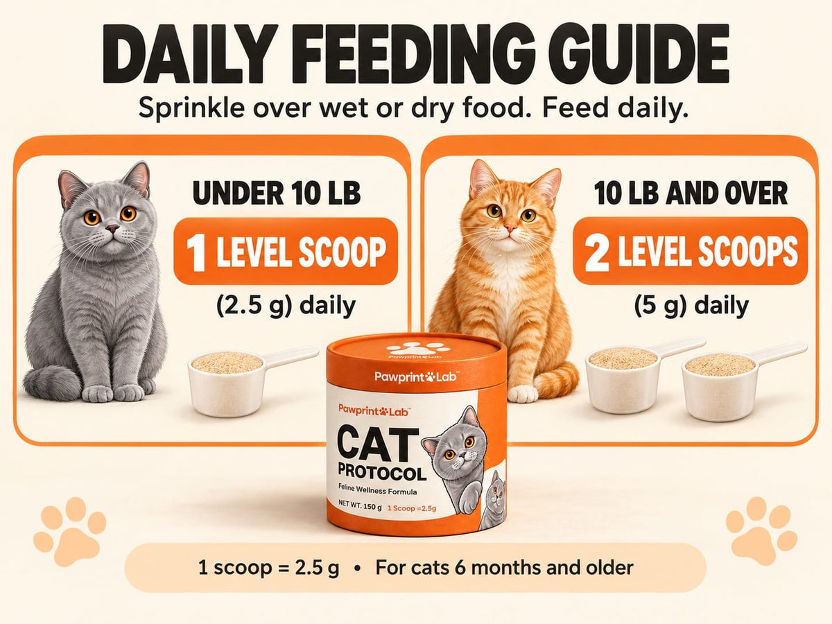 Cat daily feeding guide: under 10 lb, 1 level scoop (2.5 g) daily; 10 lb and over, 2 level scoops (5 g) daily. For cats 6 months and older.