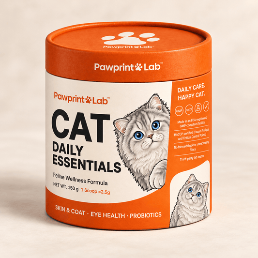 Pawprint Lab Cat Daily Essentials 150 g chicken-flavored powder tub.