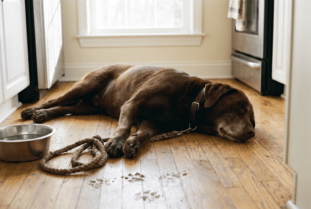 Senior chocolate Labrador asleep on the kitchen floor beside a coiled lead the day after a long walk