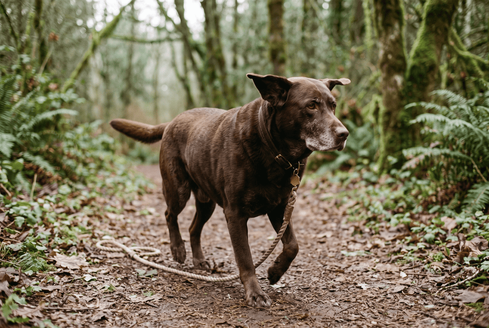 Senior chocolate Labrador walking at an easy pace along a woodland path