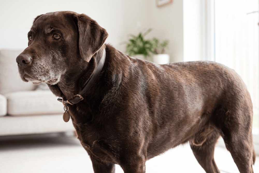 Coat study: shoulder and flank of a senior chocolate Labrador in bright even daylight
