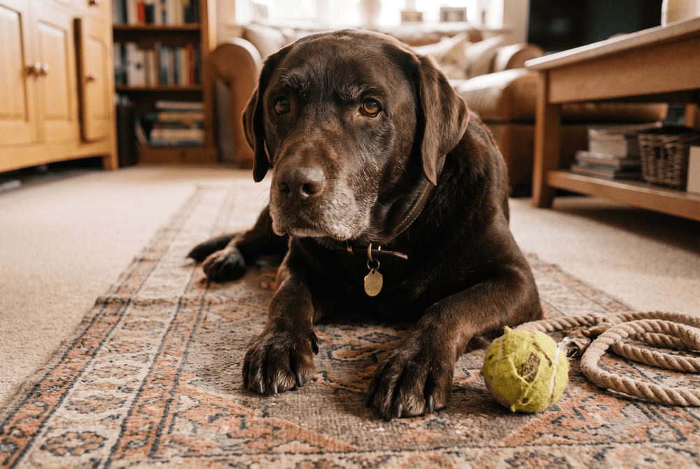 Senior chocolate Labrador settled on the living room rug in evening light with a ball and lead beside him