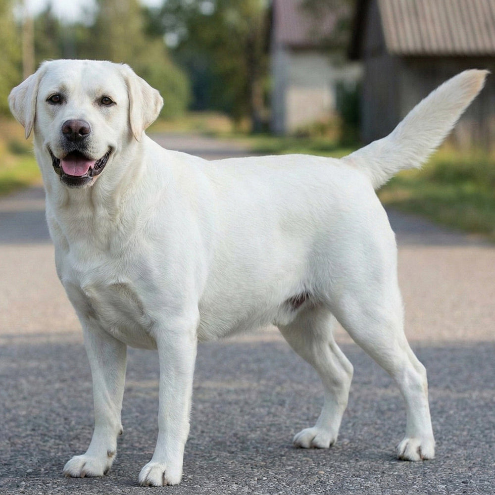 Labrador mit gesundem Gewicht steht aufrecht und wach da