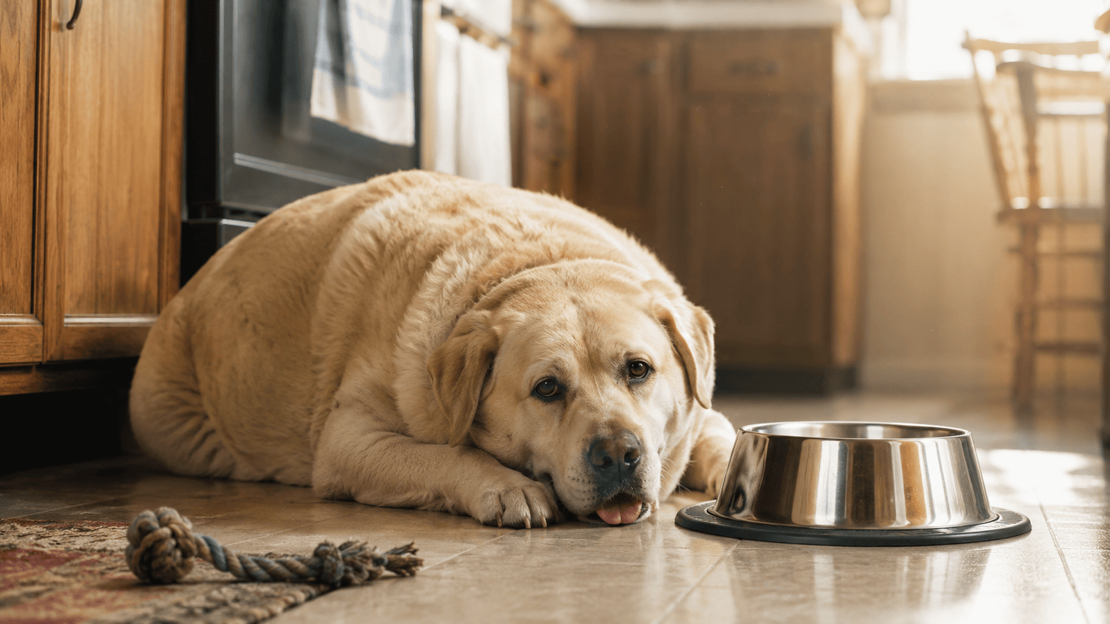Übergewichtiger Labrador liegt neben seinem Futternapf