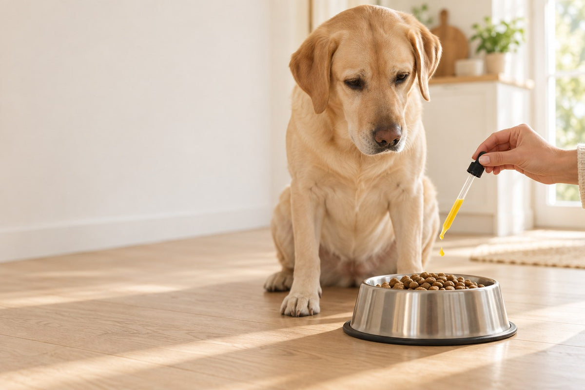A Labrador waits at a bowl of food while a long glass dropper adds golden liquid